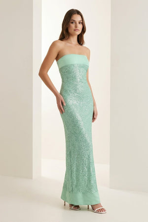 Clarin | Sage - Sheath Strapless Sequined Long Prom Dresses - KissProm