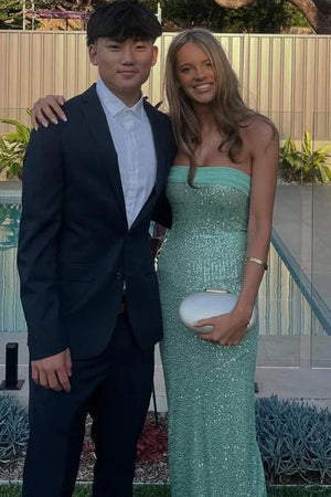 Clarin | Sage - Sheath Strapless Sequined Long Prom Dresses - KissProm