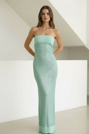 Clarin | Sage - Sheath Strapless Sequined Long Prom Dresses - KissProm
