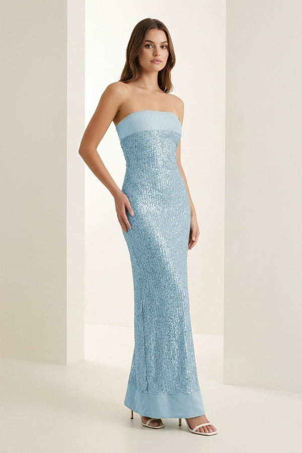Clarin | Sky Blue - Sheath Strapless Sequined Long Prom Dresses - KissProm