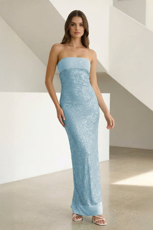Clarin | Sky Blue - Sheath Strapless Sequined Long Prom Dresses - KissProm