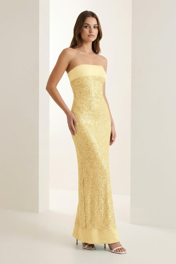Clarin | Yellow - Sheath Strapless Sequined Long Prom Dresses - KissProm