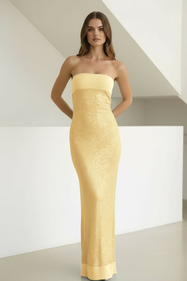 Clarin | Yellow - Sheath Strapless Sequined Long Prom Dresses - KissProm