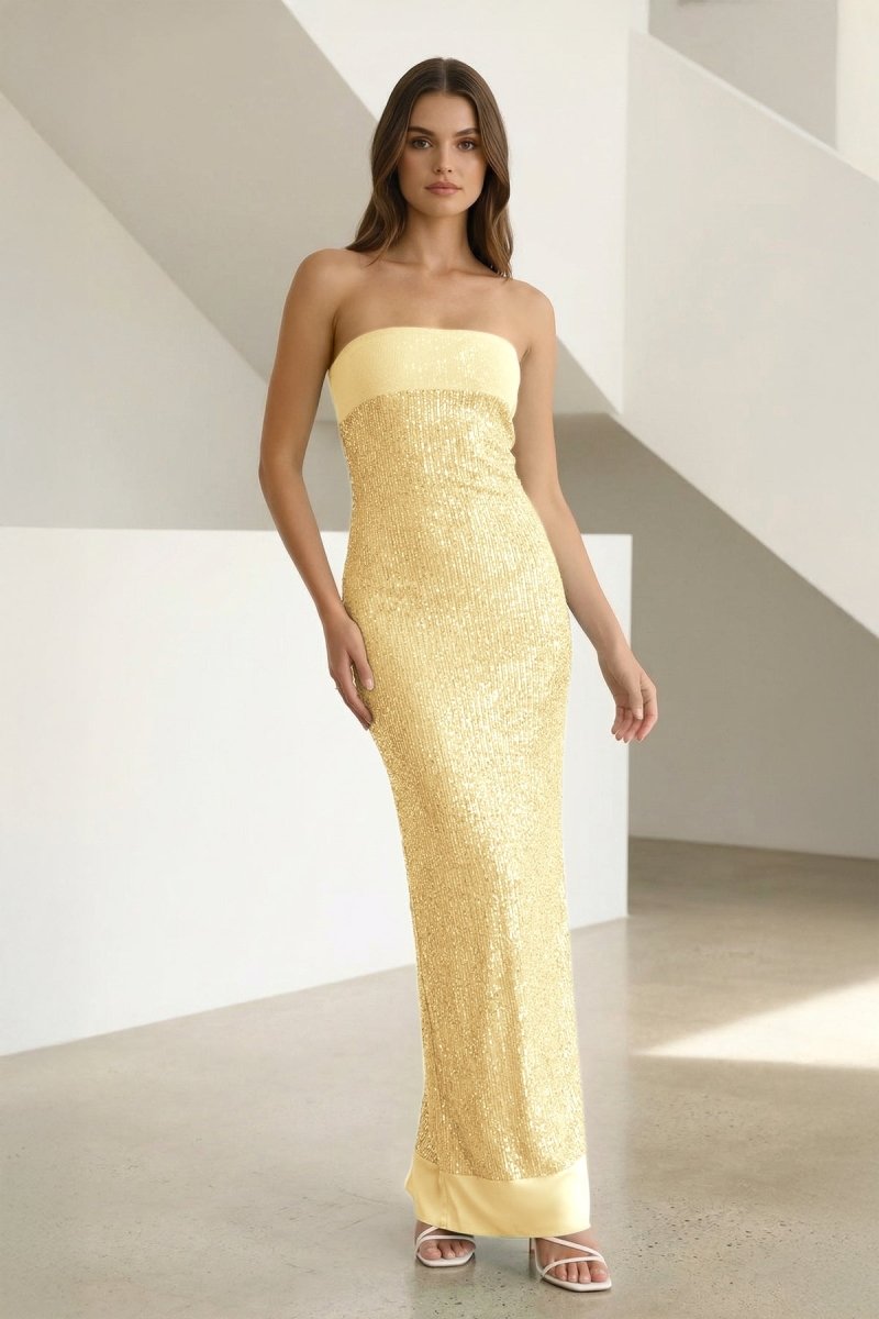 Clarin | Sage - Sheath Strapless Sequined Long Prom Dresses - KissProm