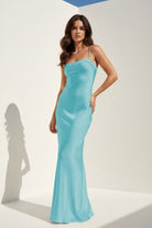 Clarisse | Yellow - Spaghetti Straps Sheath Satin Open Back Long Prom Dresses - KissProm