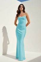 Clarisse | Yellow - Spaghetti Straps Sheath Satin Open Back Long Prom Dresses - KissProm