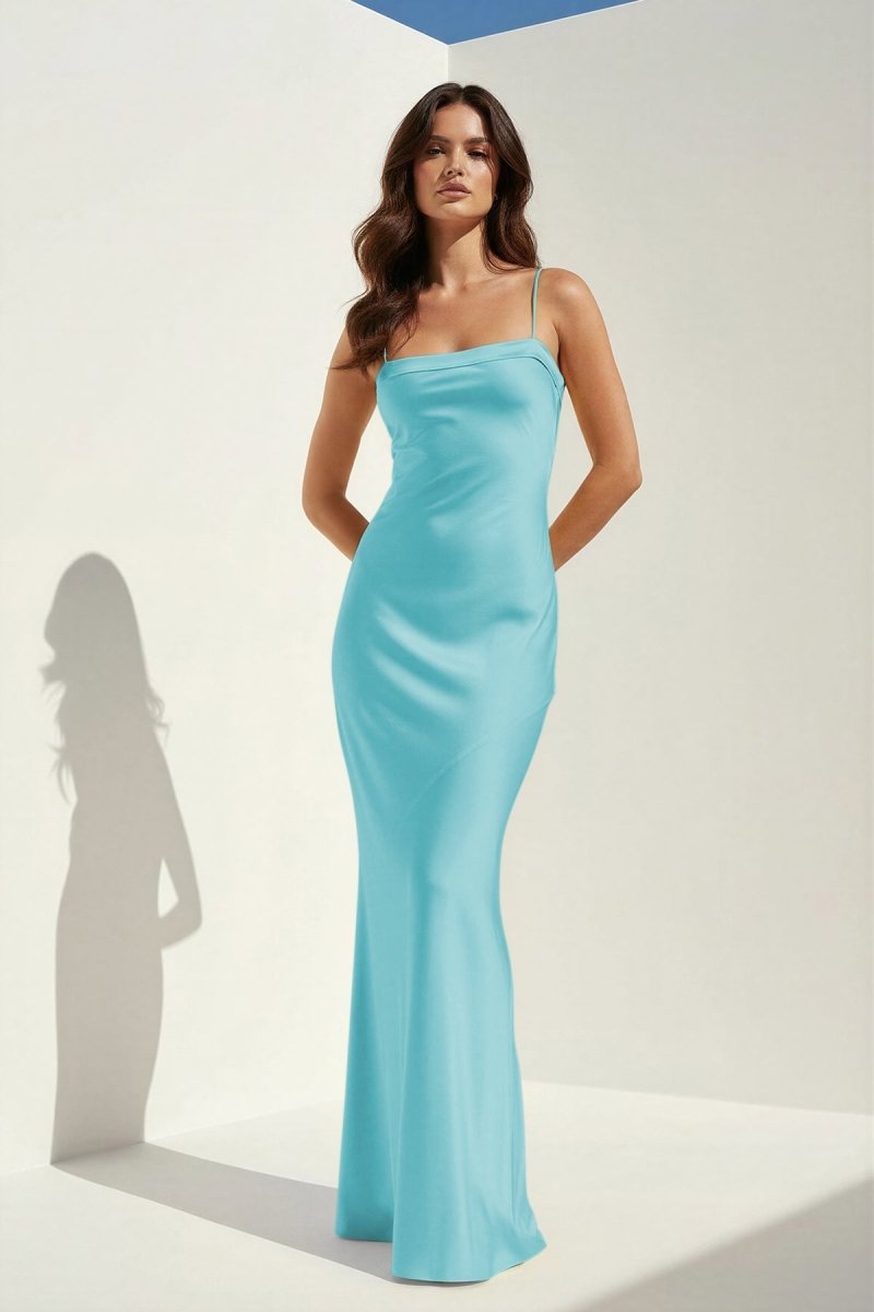 Clarisse | Yellow - Spaghetti Straps Sheath Satin Open Back Long Prom Dresses - KissProm