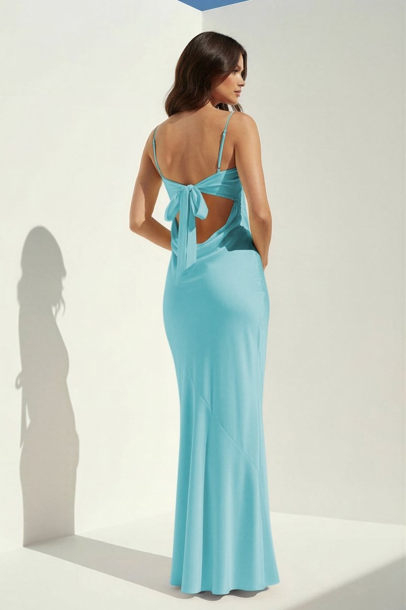 Clarisse | Yellow - Spaghetti Straps Sheath Satin Open Back Long Prom Dresses - KissProm