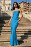 Yellow Spaghetti Straps Sheath Satin Open Back Long Prom Dresses - KissProm