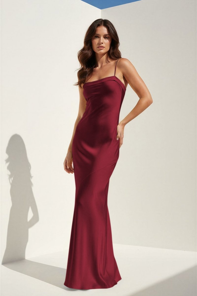 Clarisse | Yellow - Spaghetti Straps Sheath Satin Open Back Long Prom Dresses - KissProm