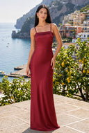 Burgundy Spaghetti Straps Sheath Satin Open Back Long Prom Dresses - KissProm