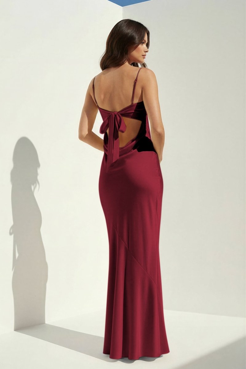 Clarisse | Yellow - Spaghetti Straps Sheath Satin Open Back Long Prom Dresses - KissProm