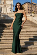 Yellow Spaghetti Straps Sheath Satin Open Back Long Prom Dresses - KissProm
