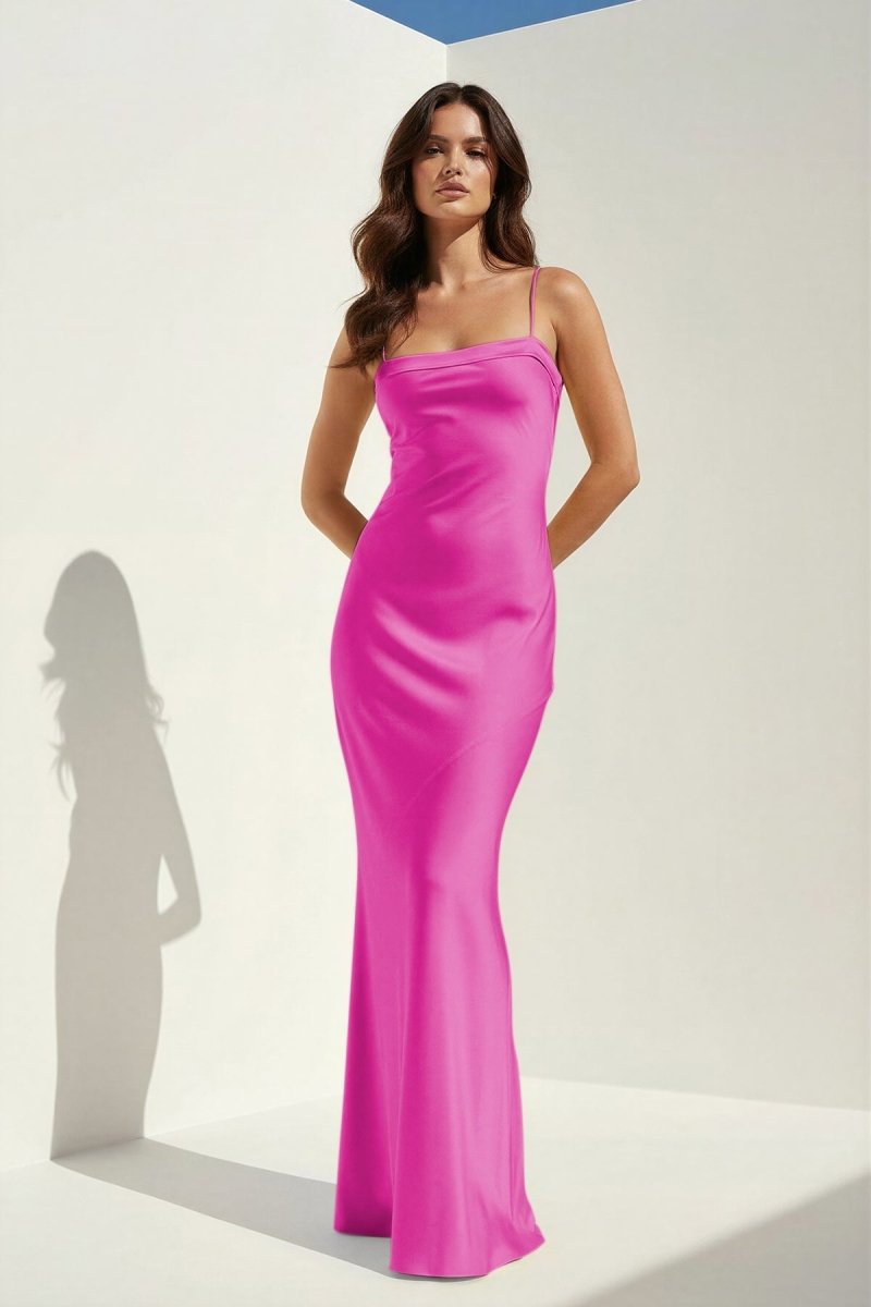 Clarisse | Yellow - Spaghetti Straps Sheath Satin Open Back Long Prom Dresses - KissProm