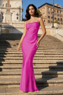 Yellow Spaghetti Straps Sheath Satin Open Back Long Prom Dresses - KissProm