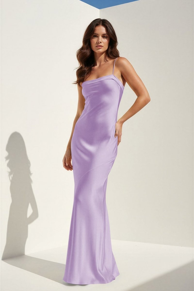 Clarisse | Yellow - Spaghetti Straps Sheath Satin Open Back Long Prom Dresses - KissProm