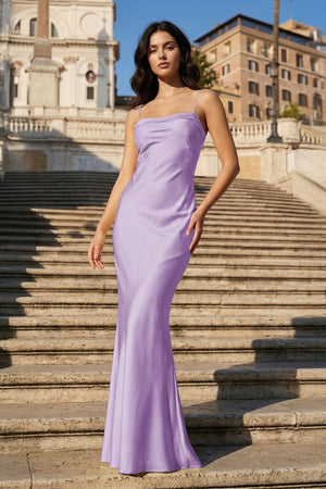 KissProm-Lavender Spaghetti Straps Sheath Satin Open Back Long Prom Dresses