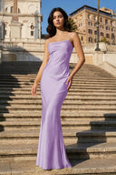 Yellow Spaghetti Straps Sheath Satin Open Back Long Prom Dresses - KissProm