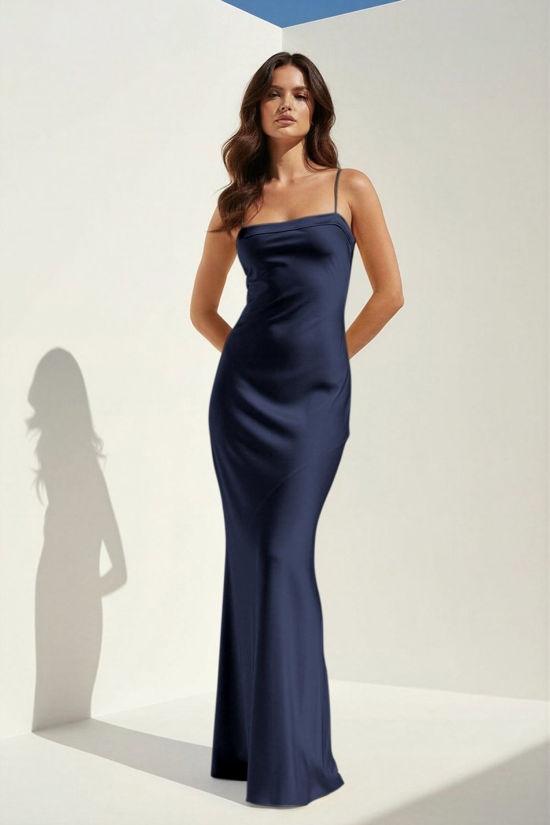 Clarisse | Yellow - Spaghetti Straps Sheath Satin Open Back Long Prom Dresses - KissProm