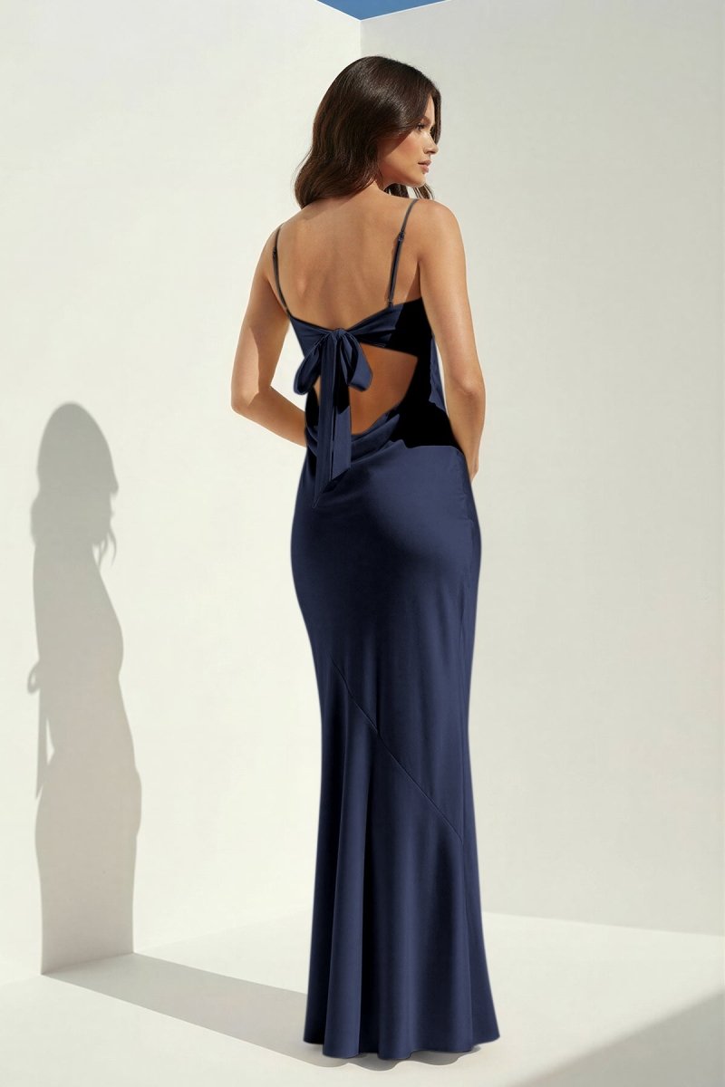 Clarisse | Yellow - Spaghetti Straps Sheath Satin Open Back Long Prom Dresses - KissProm