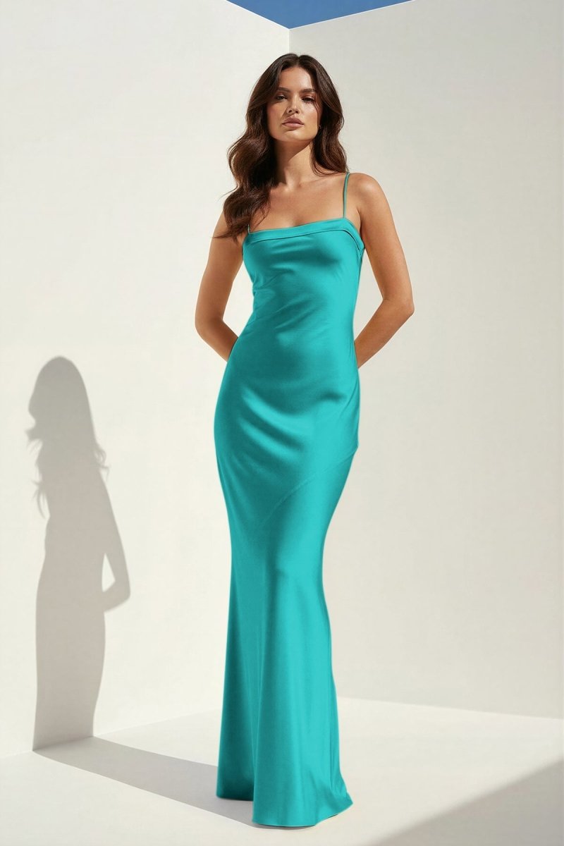 Clarisse | Yellow - Spaghetti Straps Sheath Satin Open Back Long Prom Dresses - KissProm