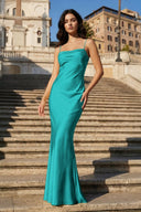 Yellow Spaghetti Straps Sheath Satin Open Back Long Prom Dresses - KissProm