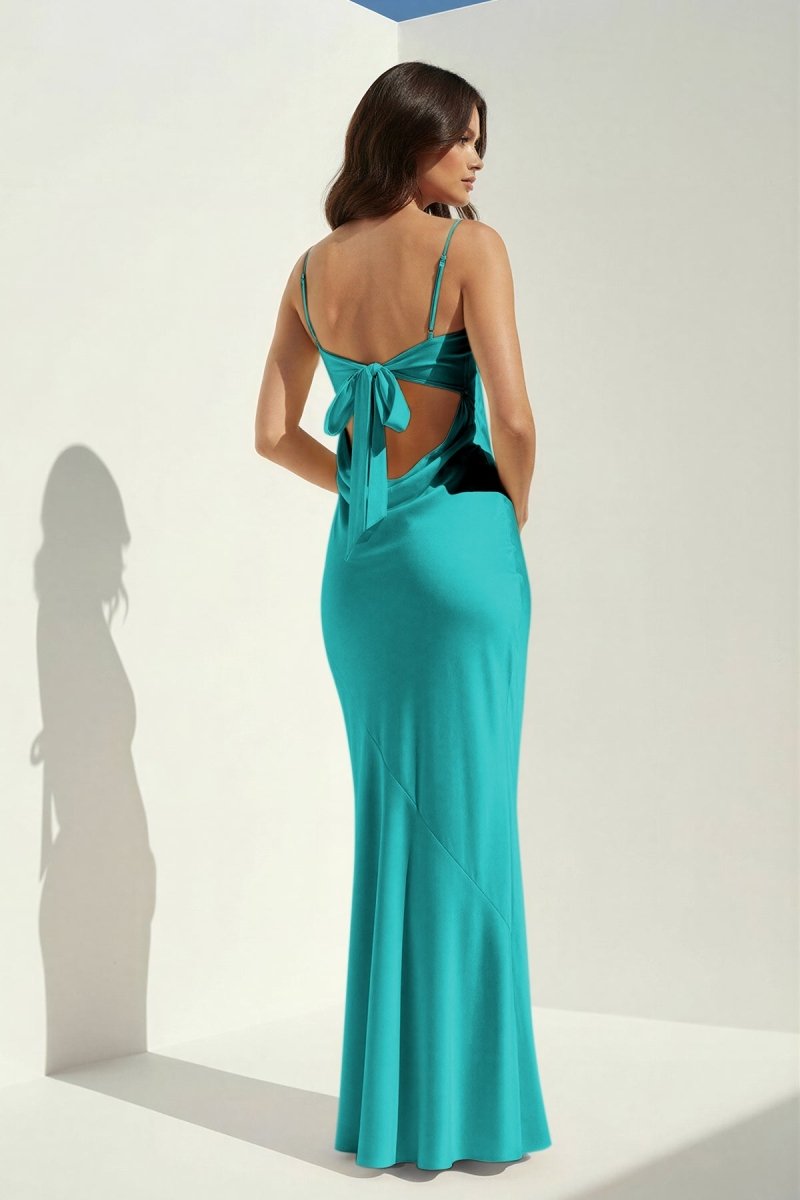 Clarisse | Yellow - Spaghetti Straps Sheath Satin Open Back Long Prom Dresses - KissProm