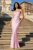 Yellow Spaghetti Straps Sheath Satin Open Back Long Prom Dresses - KissProm
