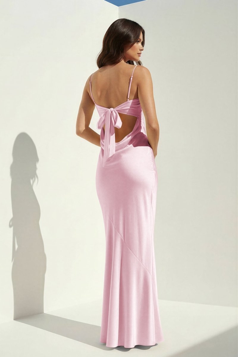 Clarisse | Yellow - Spaghetti Straps Sheath Satin Open Back Long Prom Dresses - KissProm