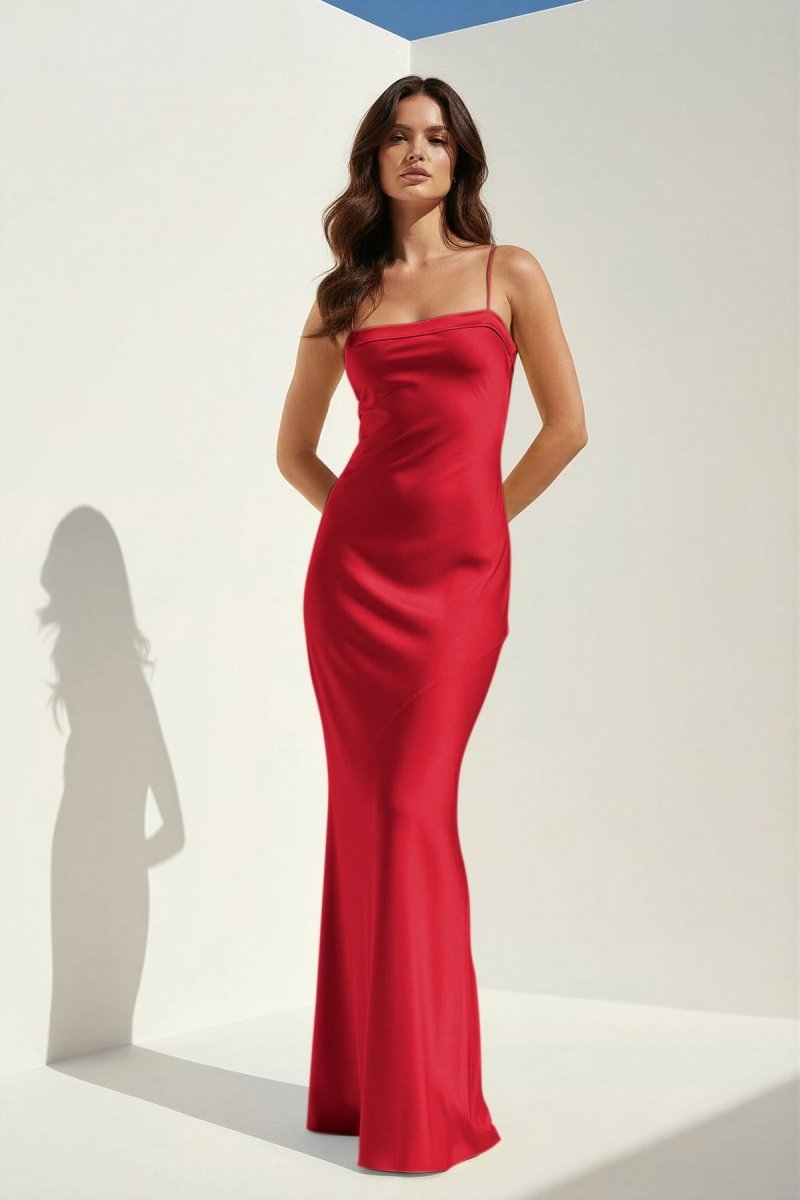 Clarisse | Yellow - Spaghetti Straps Sheath Satin Open Back Long Prom Dresses - KissProm