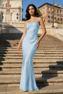 Yellow Spaghetti Straps Sheath Satin Open Back Long Prom Dresses - KissProm