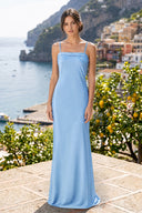 Sky Blue Spaghetti Straps Sheath Satin Open Back Long Prom Dresses - KissProm