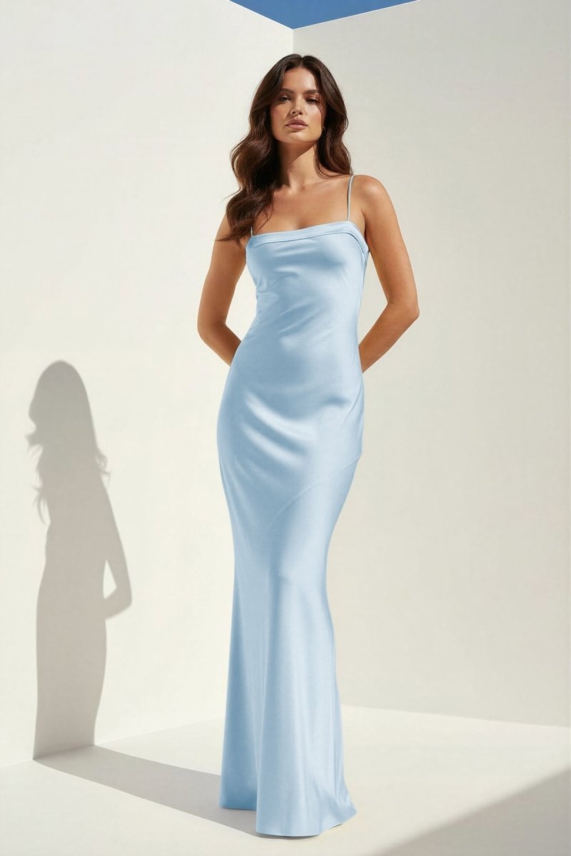 Clarisse | Yellow - Spaghetti Straps Sheath Satin Open Back Long Prom Dresses - KissProm