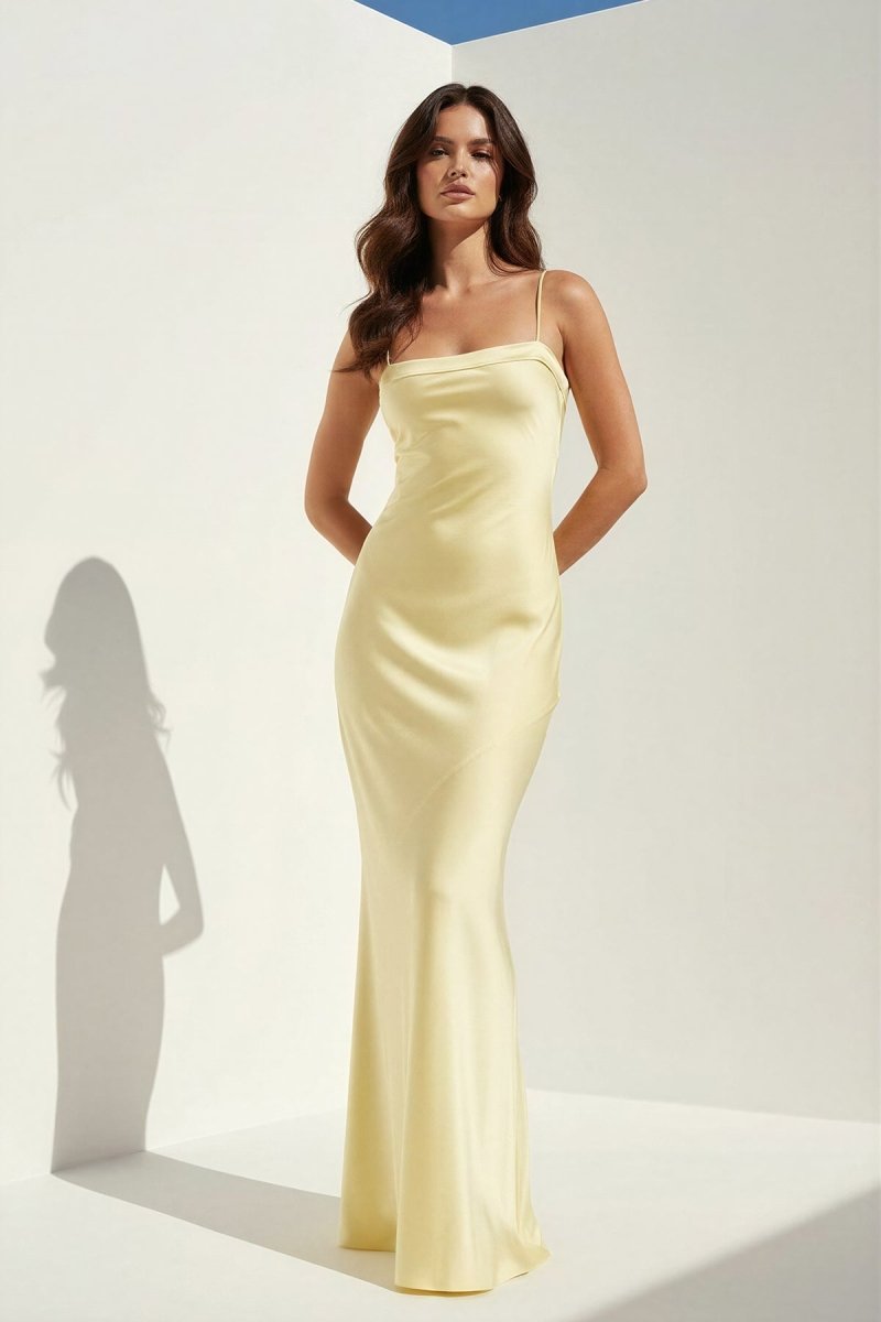Clarisse | Yellow - Spaghetti Straps Sheath Satin Open Back Long Prom Dresses - KissProm