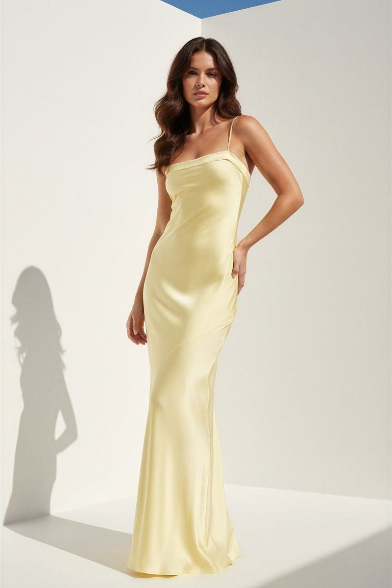 Clarisse | Yellow - Spaghetti Straps Sheath Satin Open Back Long Prom Dresses - KissProm