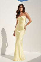 Clarisse | Yellow - Spaghetti Straps Sheath Satin Open Back Long Prom Dresses - KissProm