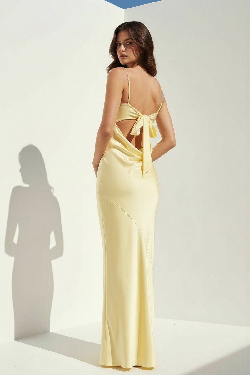 Clarisse | Yellow - Spaghetti Straps Sheath Satin Open Back Long Prom Dresses - KissProm
