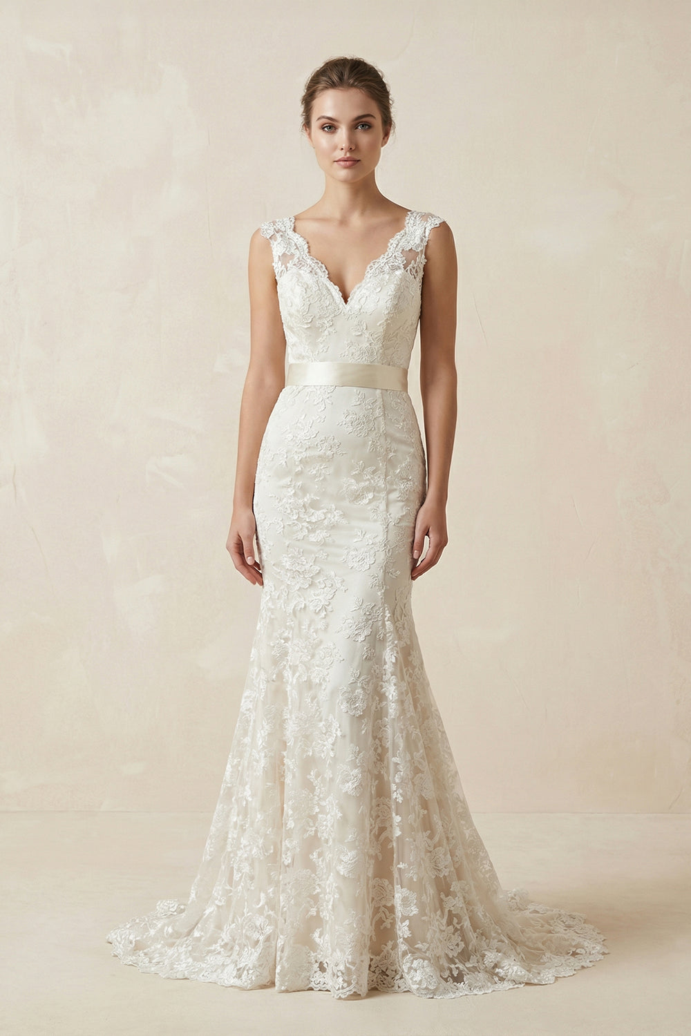 Classic Mermaid V-Neck White Lace Backless Wedding Bridal Dress – Wedding Dresses by KissProm | Available at KissProm