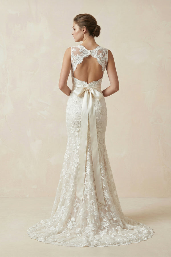 Classic Mermaid V-Neck White Lace Backless Wedding Bridal Dress – Wedding Dresses by KissProm | Available at KissProm