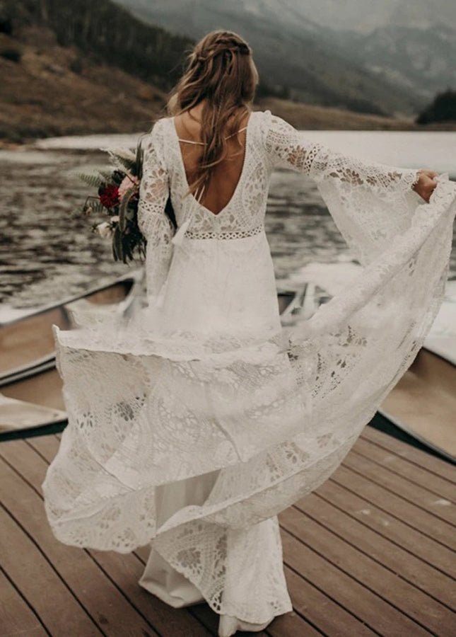 Classical Fairy Long sleeve Lace Mermaid Backless Chic Bridal Gowns - KissProm