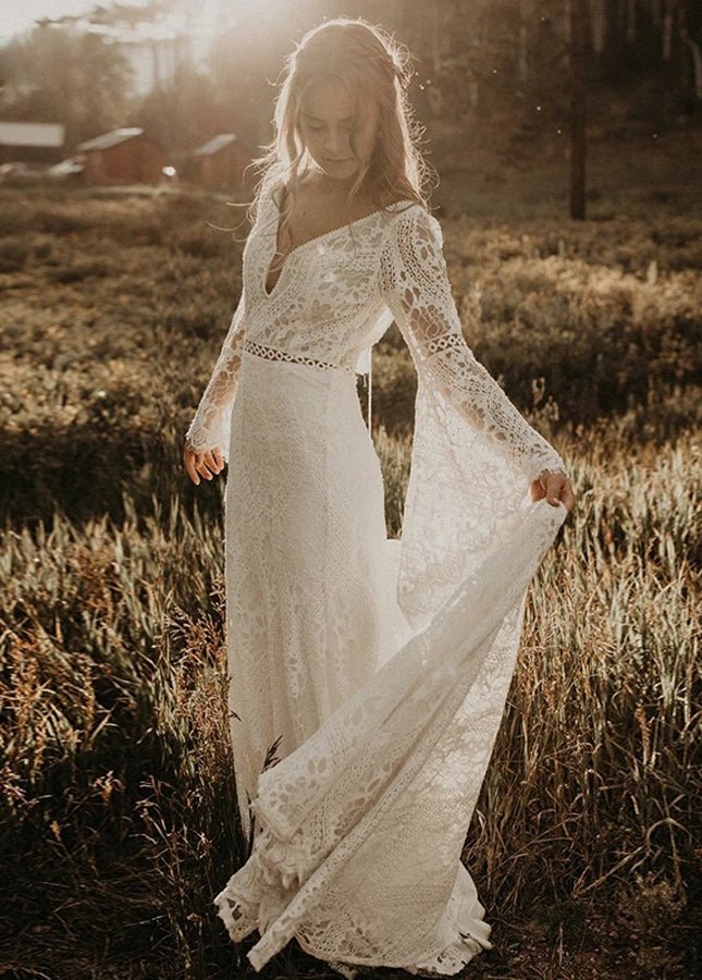 Classical Fairy Long sleeve Lace Mermaid Backless Chic Bridal Gowns - KissProm