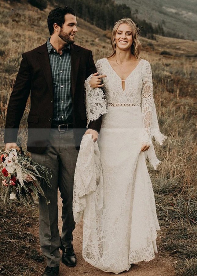 Classical Fairy Long sleeve Lace Mermaid Backless Chic Bridal Gowns - KissProm