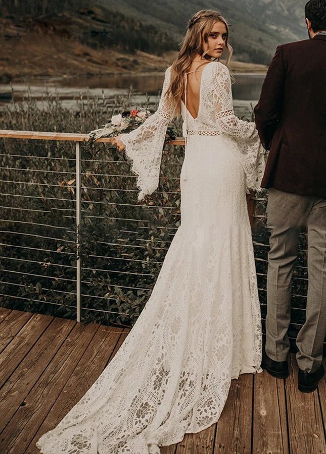 Classical Fairy Long sleeve Lace Mermaid Backless Chic Bridal Gowns - KissProm