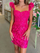 Claudette | Fuchsia - Bodycon Off The Shoulder Sequins Short Homecoming Dresses