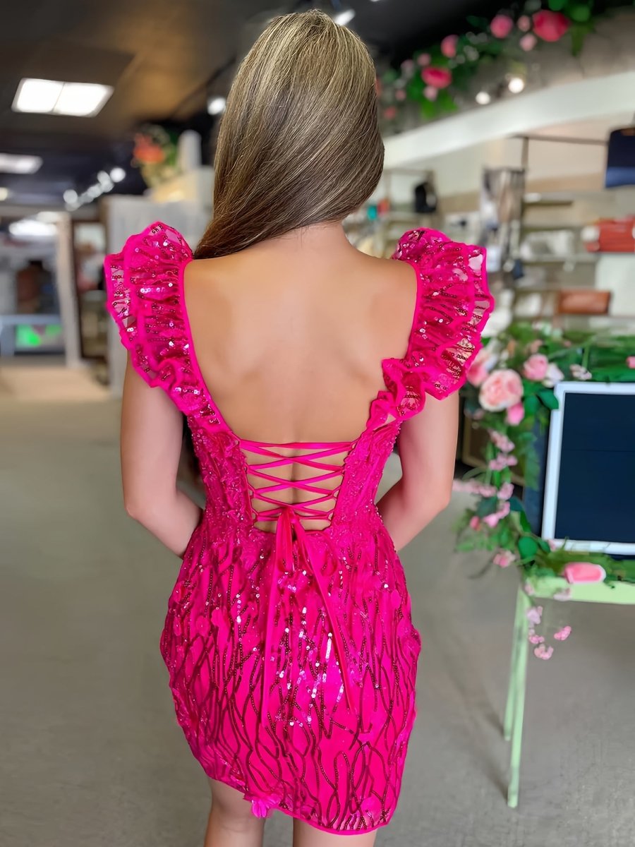 Claudette | Fuchsia - Bodycon Off The Shoulder Sequins Short Homecoming Dresses