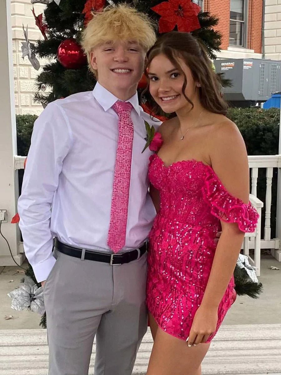 Claudette | Fuchsia - Bodycon Off The Shoulder Sequins Short Homecoming Dresses