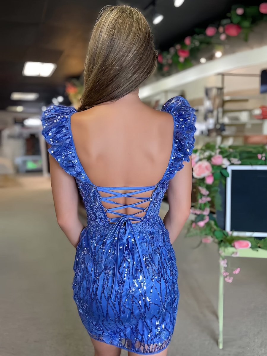 Claudette | Periwinkle- Bodycon Off The Shoulder Sequins Short Homecoming Dresses