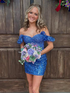 Claudette | Royal Blue - Bodycon Off The Shoulder Sequins Short Homecoming Dresses