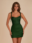Claya | Dark Green - Bodycon Scoop Neck Beaded Satin Corset Homecoming Dresses with Bow Straps - KissProm