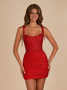 Claya | Red - Bodycon Scoop Neck Beaded Satin Corset Homecoming Dresses with Bow Straps - KissProm